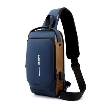 Blue and Brown Men's Anti - Theft Crossbody Sling Bag with USB Charging Port & Combination Lock - RnR Galore