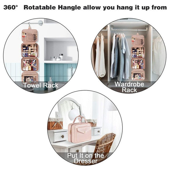 Blue Portable Large Hanging Womens' Luxury PU Leather Cosmetic Bag - Waterproof Travel Toiletry Organizer , Easy Visibility & Durable - RnR Galore