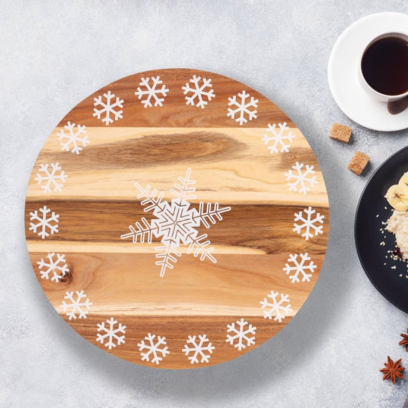Bread and Butter 18 Inch Print Wooden Lazy Susan Tray - White Snowflake - RnR Galore