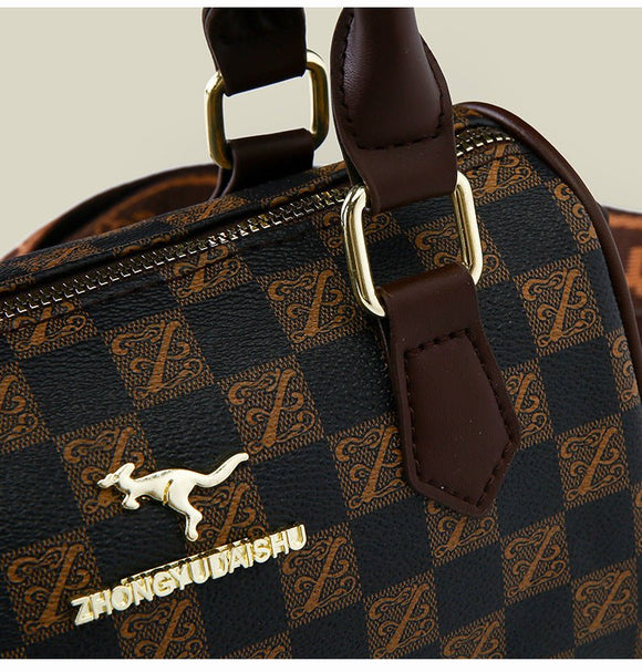 Brown checkered pattern Stylish PU Leather Boston Bag - Elegant Retro Single Shoulder Crossbody Handbag for Women - RnR Galore