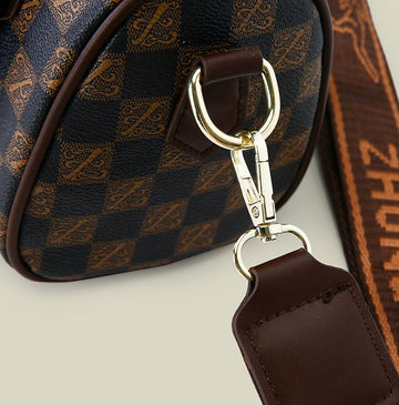 Brown checkered pattern Stylish PU Leather Boston Bag - Elegant Retro Single Shoulder Crossbody Handbag for Women - RnR Galore