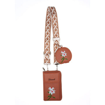 Brown Chic Floral Embroidered 2 - in - 1 Crossbody Phone Bag with Coin Purse - RnR Galore
