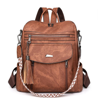 Brown Chic Women's PU Leather Convertible Backpack - Anti - Theft Design, Multi - Pocket Shoulder Bag with Tassel - RnR Galore
