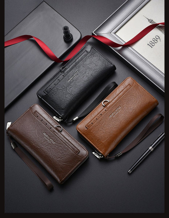 Brown Classic Long Zipper Wallet Clutch - Large Capacity PU Leather Phone & Card Holder with Wrist Strap - RnR Galore