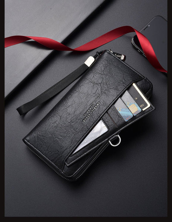 Brown Classic Long Zipper Wallet Clutch - Large Capacity PU Leather Phone & Card Holder with Wrist Strap - RnR Galore