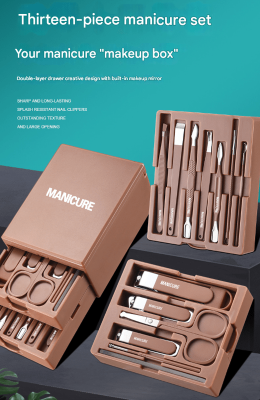 Brown Premium 13 - in - 1 Manicure & Grooming Kit - Professional Carbon Steel Pedicure Set with Dual - Drawer Case & Mirror - RnR Galore
