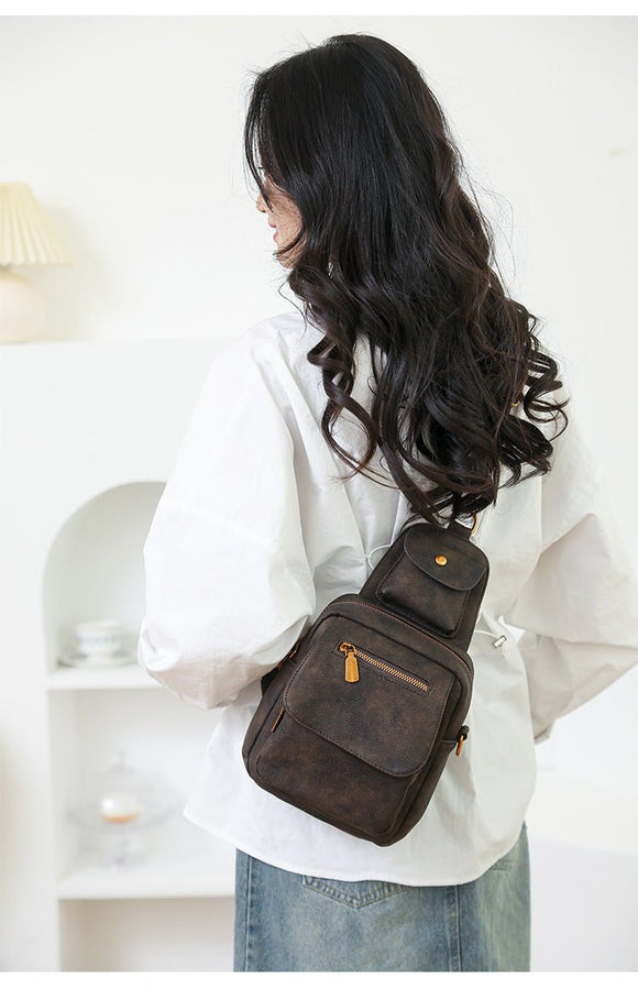 Brown Stylish PU Leather Sling Crossbody Bag for Women - Multi - Pocket Chest Pack with Adjustable Wide Strap - RnR Galore