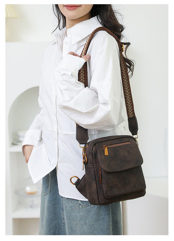 Brown Stylish PU Leather Sling Crossbody Bag for Women - Multi - Pocket Chest Pack with Adjustable Wide Strap - RnR Galore