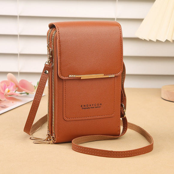 Brown Women's Cute Mini PU Leather Crossbody Phone Bag (19x12x4cm) - Touch Screen Window, Vertical Style - RnR Galore
