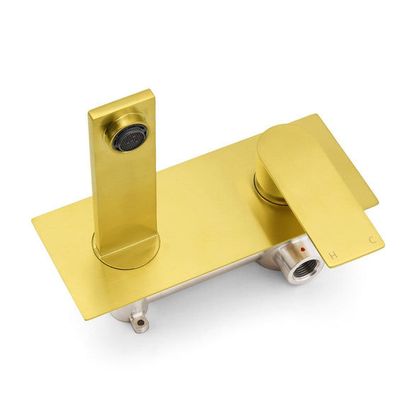 Brushed Gold Cubic Square Wall Mount Basin Mixer Laundry Tap Spout Vanity Faucet - RnR Galore