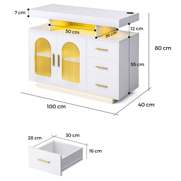 Buffet Sideboard Cabinet With RGB LED Light and Charging Station Console Coffee Bar White - RnR Galore