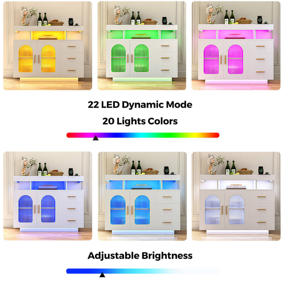 Buffet Sideboard Cabinet With RGB LED Light and Charging Station Console Coffee Bar White - RnR Galore