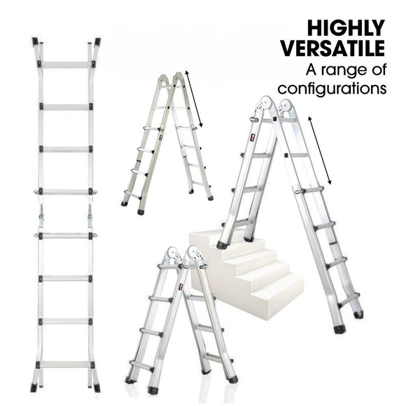 Bullet 4m Folding Aluminium Multipurpose Ladder, w/ Workshelf Platform, Spring Assisted Rapid Safety Lock Adjusters - RnR Galore