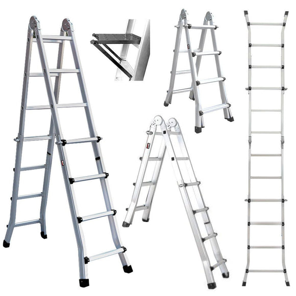 Bullet 4m Folding Aluminium Multipurpose Ladder, w/ Workshelf Platform, Spring Assisted Rapid Safety Lock Adjusters - RnR Galore