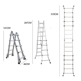 Bullet 5.1m Folding Aluminium Multipurpose Ladder, w/ Workshelf Platform, Spring Assisted Rapid Safety Lock Adjusters - RnR Galore