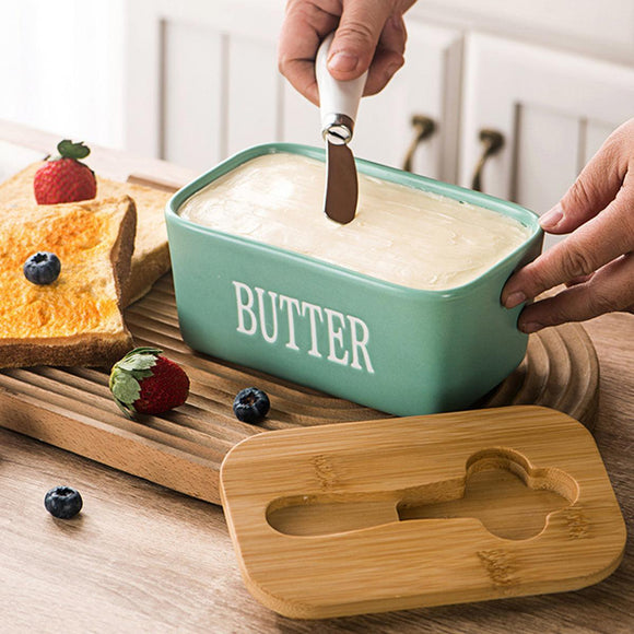 Butter Box with Knife Rectangular Cheese Container with Wooden Lid for Kitchen - Black - RnR Galore
