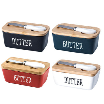 Butter Box with Knife Rectangular Cheese Container with Wooden Lid for Kitchen - Blue - RnR Galore