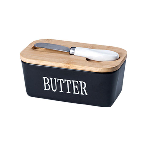Butter Box with Knife Rectangular Cheese Container with Wooden Lid for Kitchen - Green - RnR Galore