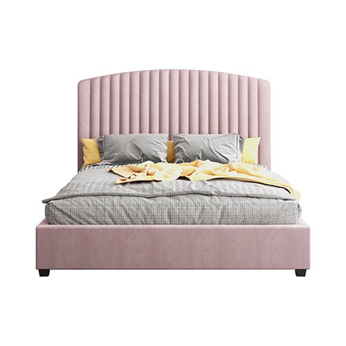 Camelia Double Size Bed Frame Pink Velvet Upholstery High Headboard Quality Slats Metal Structure - RnR Galore