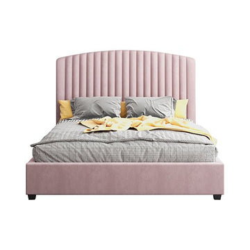 Camelia Double Size Bed Frame Pink Velvet Upholstery High Headboard Quality Slats Metal Structure - RnR Galore