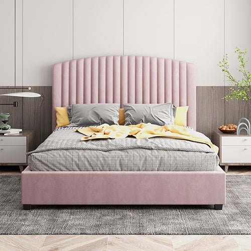 Camelia King Single Size Bed Frame Pink Velvet Upholstery High Headboard Quality Slats Metal Structure - RnR Galore
