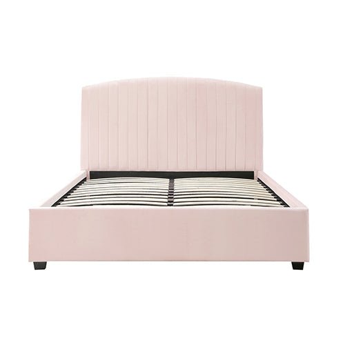 Camelia Queen Size Bed Frame Pink Velvet Upholstery High Headboard Quality Slats Metal Structure - RnR Galore