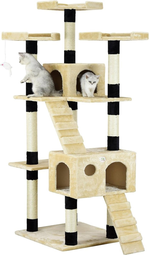 CARLA HOME 180cm Cat Tree Tower for Indoor Cats with Dual Condos, Plush Perches, Sisal Scratching Posts & Ramps for Kittens & Adult Cats (Beige) - RnR Galore