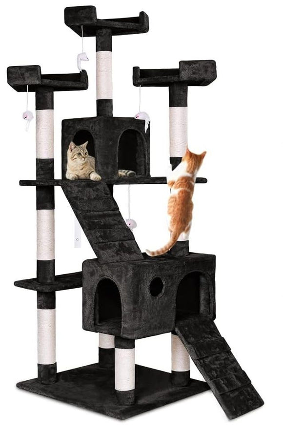CARLA HOME 180cm Cat Tree Tower for Indoor Cats with Dual Condos, Plush Perches, Sisal Scratching Posts & Ramps for Kittens & Adult Cats (Black) - RnR Galore