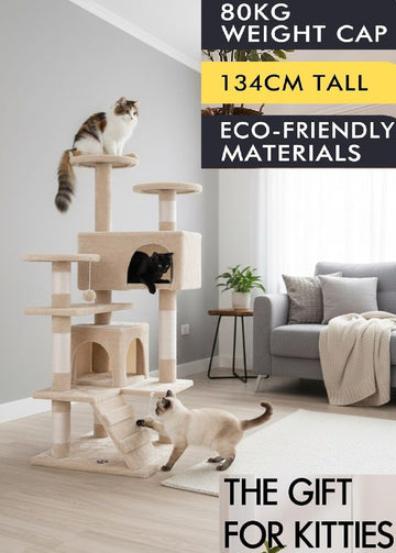 CARLA HOME 180cm Cat Tree Tower for Indoor Cats with Plush Perches, Dual Condos, Natural Sisal Scratching Posts & Ramp for Kittens & Adult Cats (Beige) - RnR Galore