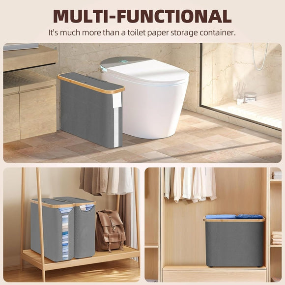 CARLA HOME 2 pack Toilet Paper Storage Basket Holds Up to 12 Rolls with Bamboo Lid and Handle for RV Closet (Grey) - RnR Galore