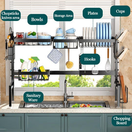 CARLA HOME Adjustable Over the Sink Dish Drying Rack with Utensil Holder, Hooks & Cutting Board Rack for Kitchen Counter Storage - RnR Galore