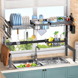 CARLA HOME Adjustable Over the Sink Dish Drying Rack with Utensil Holder, Hooks & Cutting Board Rack for Kitchen Counter Storage - RnR Galore