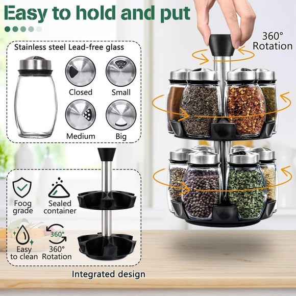 CARLA HOME Rotating Spice Rack Organizer with 16 Glass Jars for Kitchen Seasoning and Herb Storage - RnR Galore
