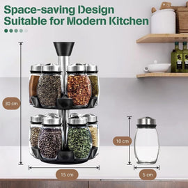 CARLA HOME Rotating Spice Rack Organizer with 16 Glass Jars for Kitchen Seasoning and Herb Storage - RnR Galore