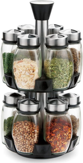 CARLA HOME Rotating Spice Rack Organizer with 16 Glass Jars for Kitchen Seasoning and Herb Storage - RnR Galore