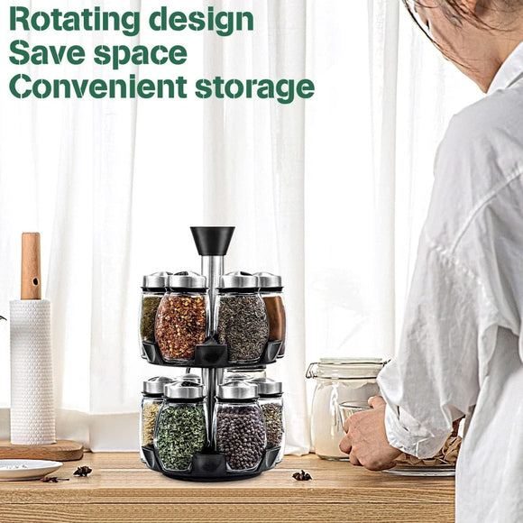 CARLA HOME Rotating Spice Rack Organizer with 16 Glass Jars for Kitchen Seasoning and Herb Storage - RnR Galore