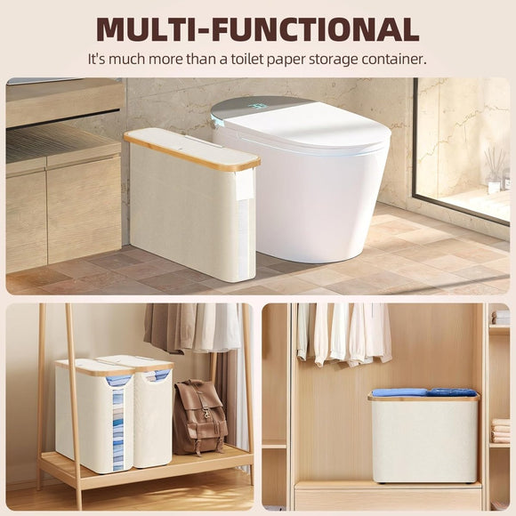 CARLA HOME Toilet Paper Storage Basket Holds Up to 12 Rolls with Bamboo Lid and Handle for RV Closet (White) - RnR Galore