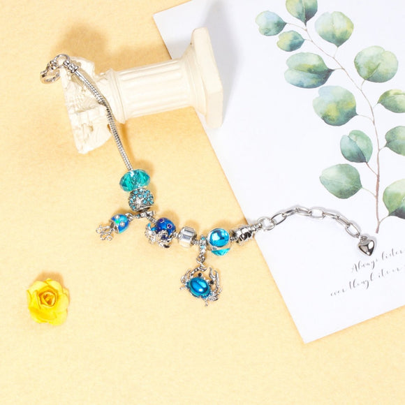 Cartoon Ocean Theme Bracelet with Octopus, Jellyfish, Crab Charms & Crystal Rhinestone Beads(19cm) - RnR Galore