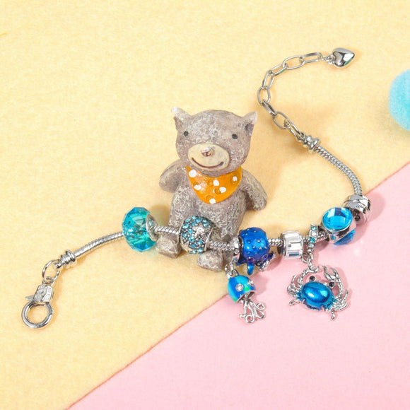 Cartoon Ocean Theme Bracelet with Octopus, Jellyfish, Crab Charms & Crystal Rhinestone Beads(20cm) - RnR Galore