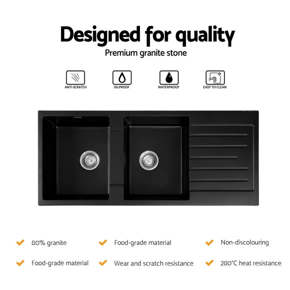 Cefito Kitchen Sink 116x50cm Granite Stone Sink Double Bowl Black - RnR Galore