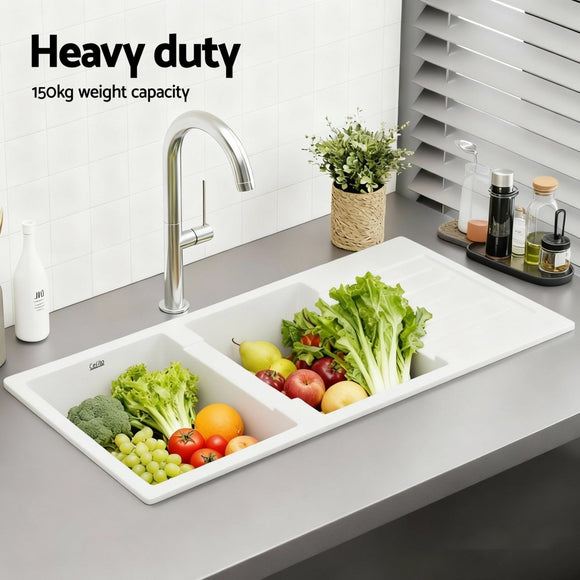 Cefito Kitchen Sink 116x50cm Granite Stone Sink Double Bowl White - RnR Galore