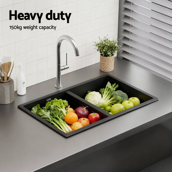 Cefito Kitchen Sink 77x45cm Granite Stone Sink Double Bowl Black - RnR Galore