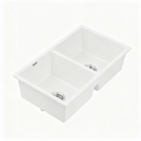 Cefito Kitchen Sink 77x45cm Granite Stone Sink Double Bowl White - RnR Galore