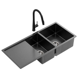 Cefito Stainless Steel Sink 100x45CM With Pull Out Mixer Tap Kitchen Basin Double Bowl Black - RnR Galore