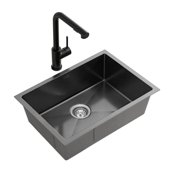 Cefito Stainless Steel Sink 30x45CM With Pull Out Mixer Tap Kitchen Basin Single Bowl Black - RnR Galore