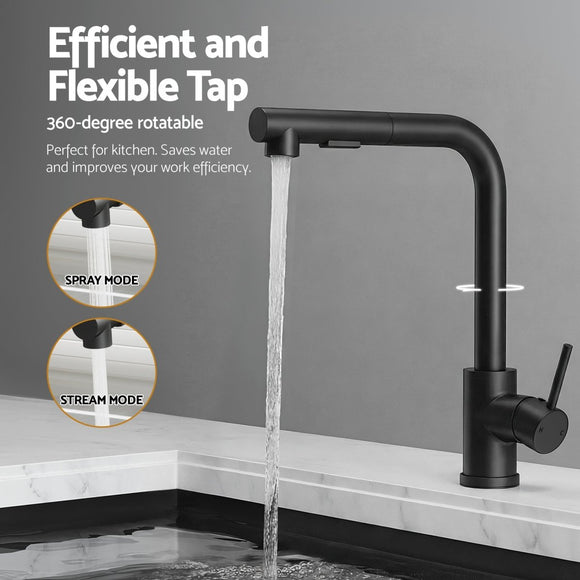 Cefito Stainless Steel Sink 44x44CM With Pull Out Mixer Tap Kitchen Basin Single Bowl Black - RnR Galore