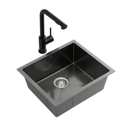 Cefito Stainless Steel Sink 44x44CM With Pull Out Mixer Tap Kitchen Basin Single Bowl Black - RnR Galore