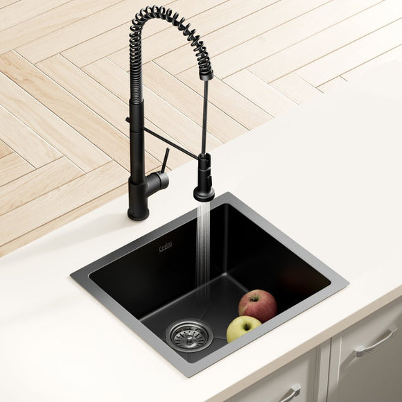 Cefito Stainless Steel Sink 51x45CM With Pull Out Mixer Tap Kitchen Single Bowl Black - RnR Galore