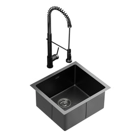 Cefito Stainless Steel Sink 51x45CM With Pull Out Mixer Tap Kitchen Single Bowl Black - RnR Galore