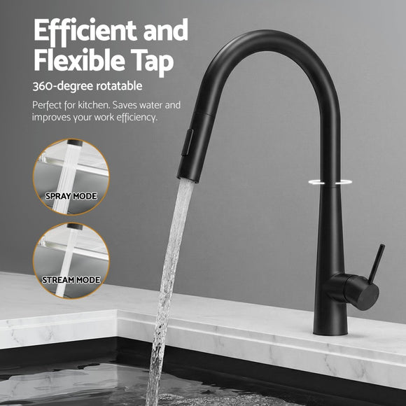 Cefito Stainless Steel Sink 70x45CM With Pull Out Mixer Tap Kitchen Basin Single Bowl Black - RnR Galore